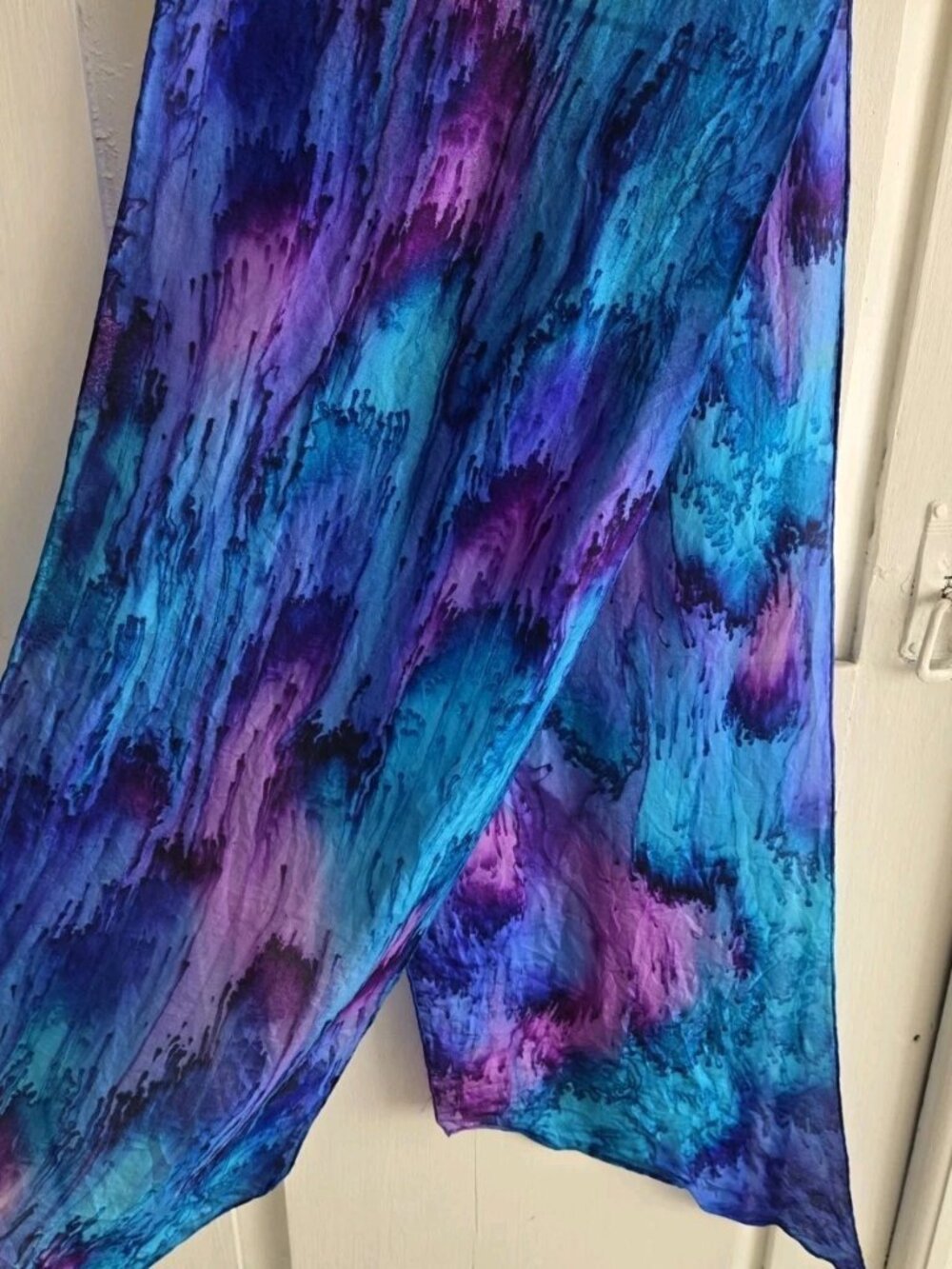 SILK Scarf Featherlight & HAND-PAINTED In Rich Jewel Tones approx 8.5" x 51.5"